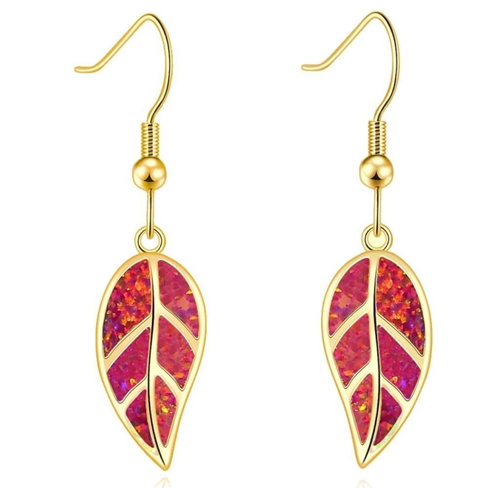 14K Yellow Gold with Genuine Red Fire Opal Leaf Shape Dangling Hook Earrings
